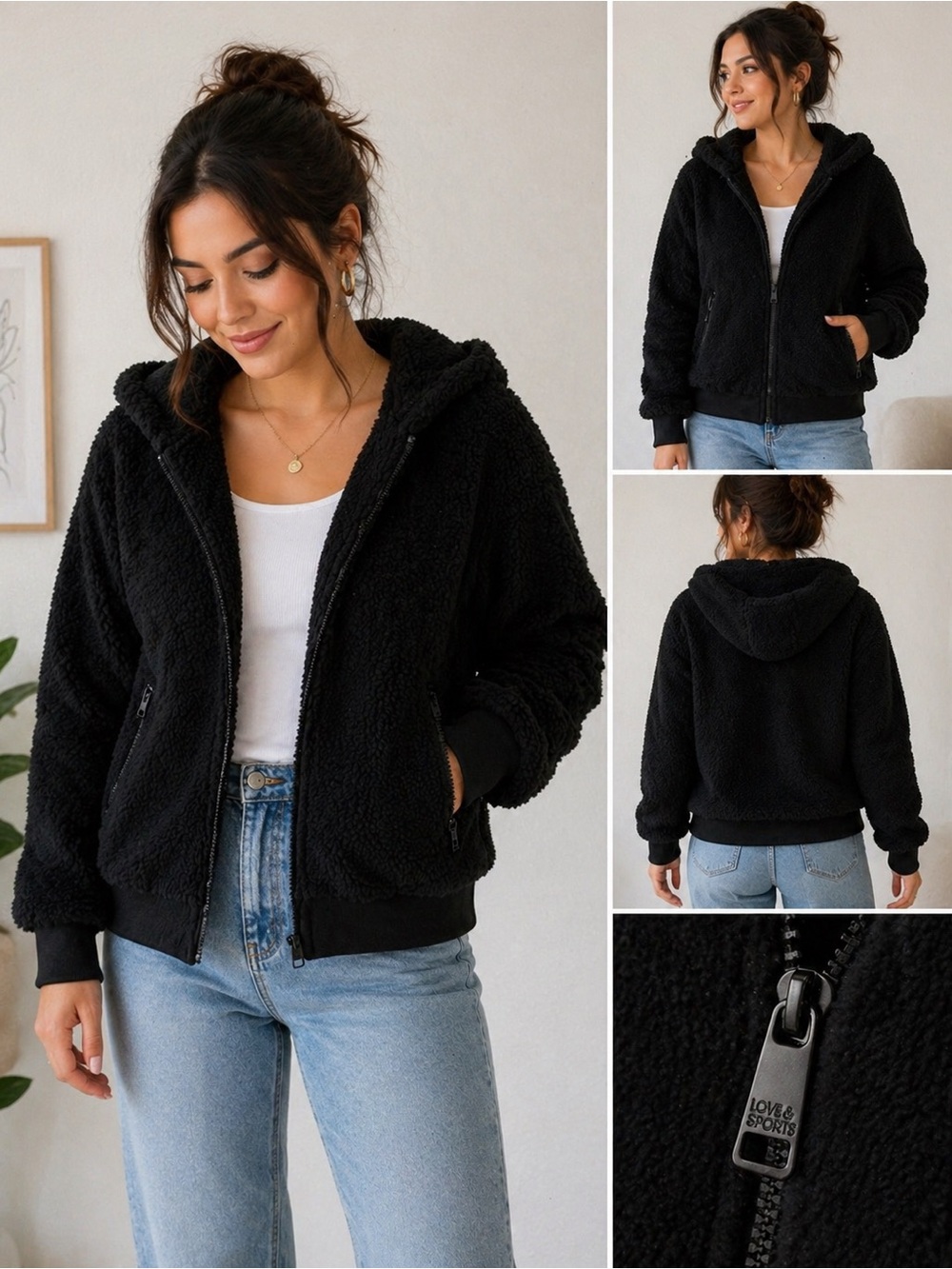 Iceberg Black Teddy Sherpa Zip-Up Hoodie Jacket